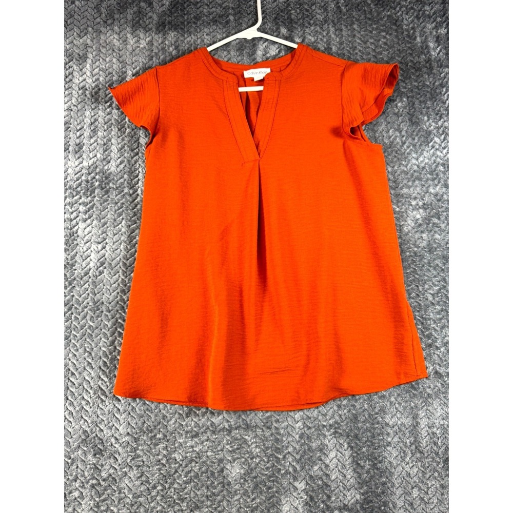 Calvin Klein Blouse Womens Small Orange Cap Sleeve Back Pleated Split Neck